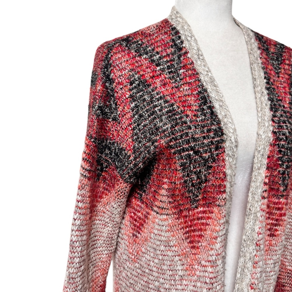 Lucky Brand Long Cardigan Medium  Red /Grey Aztec Fringe Duster western  Sweater - Picture 4 of 9